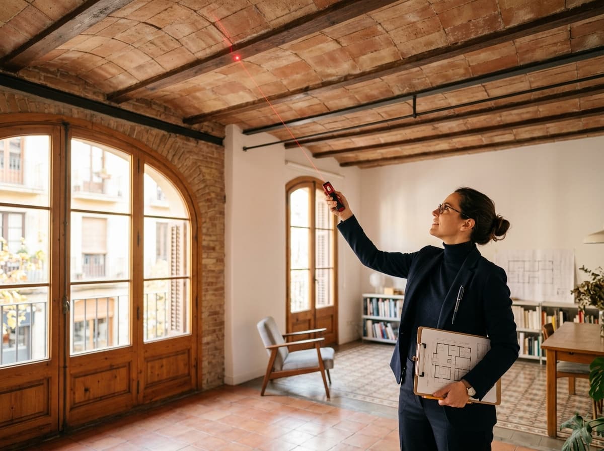Arquitecta colegiada midiendo altura libre y superficies útiles con distanciómetro láser en piso con volta catalana en Barcelona